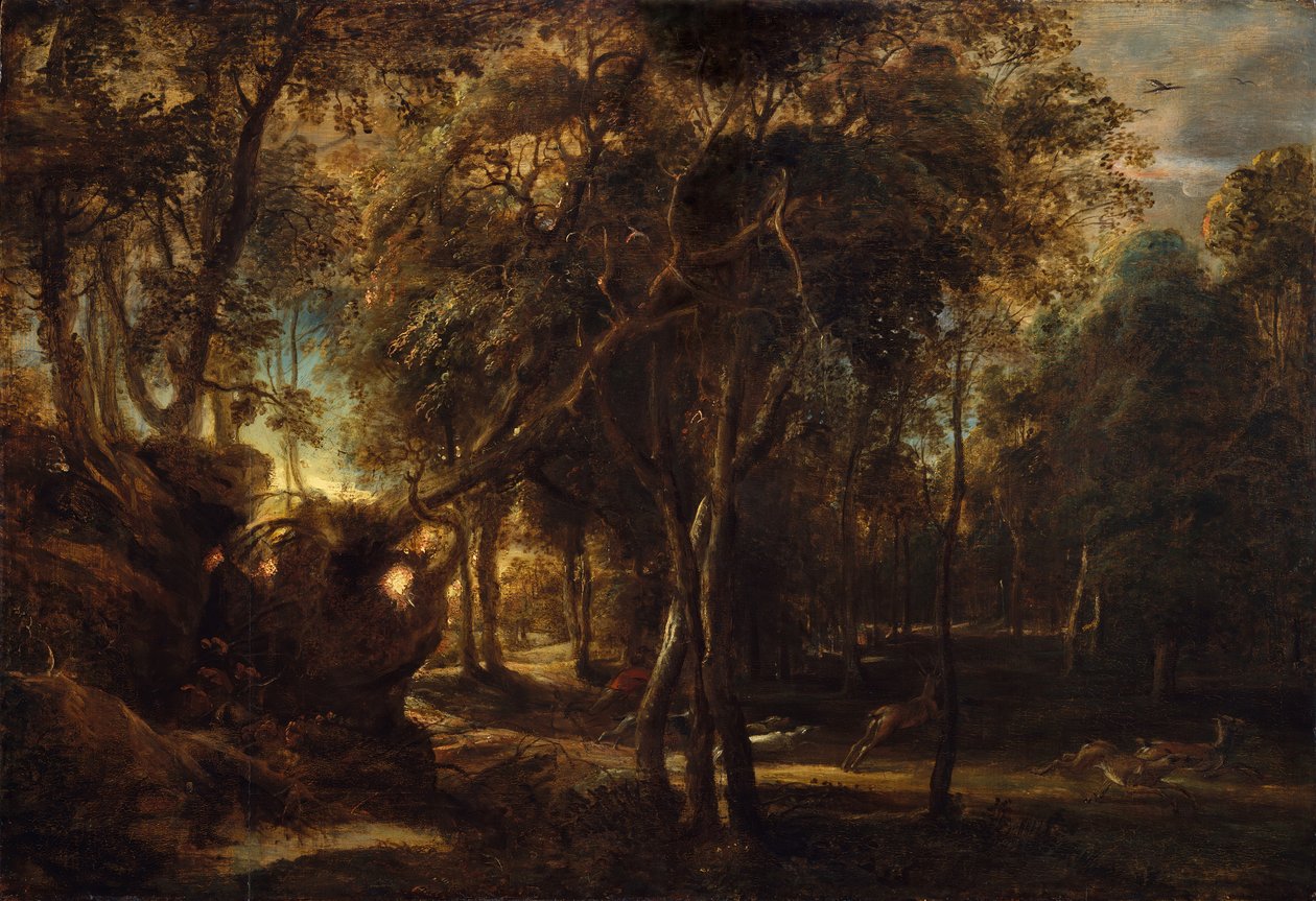 غابة في الفجر مع صيد الغزلان ، كاليفورنيا. 1635. بواسطة بيتر بول روبنز