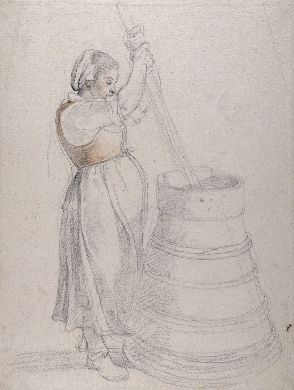 A Peasant Girl Churning Butter (black & red chalk with pen on white paper) بواسطة بيتر بول روبنز