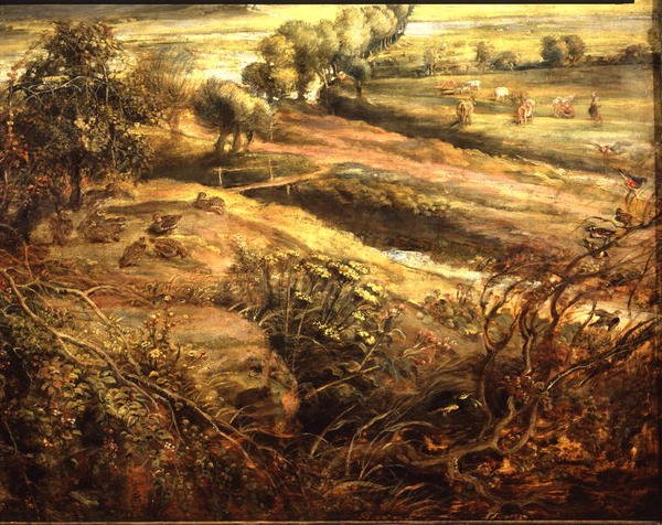 منظر طبيعي للخريف مع منظر لهيت ستين في الصباح الباكر ، حوالي عام 1636 (زيت على لوحة) (تفاصيل 211075) بواسطة بيتر بول روبنز