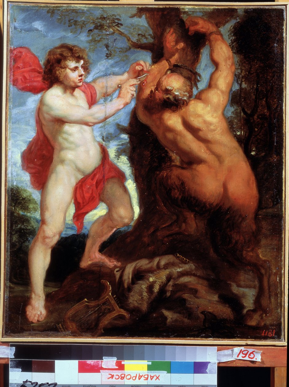 أبولو ومارسياس. Peinture de Pierre Paul (Pierre-Paul) Rubens (ou Peter Paul ou Petrus Paulus) (1577-1640). زيت على خشب ، ٥٧ × ٤٨ سم. الفن الفلمنكي ، الفن الباروكي. متحف الشرق الأقصى للفنون ، خاباروفسك. بواسطة بيتر بول روبنز