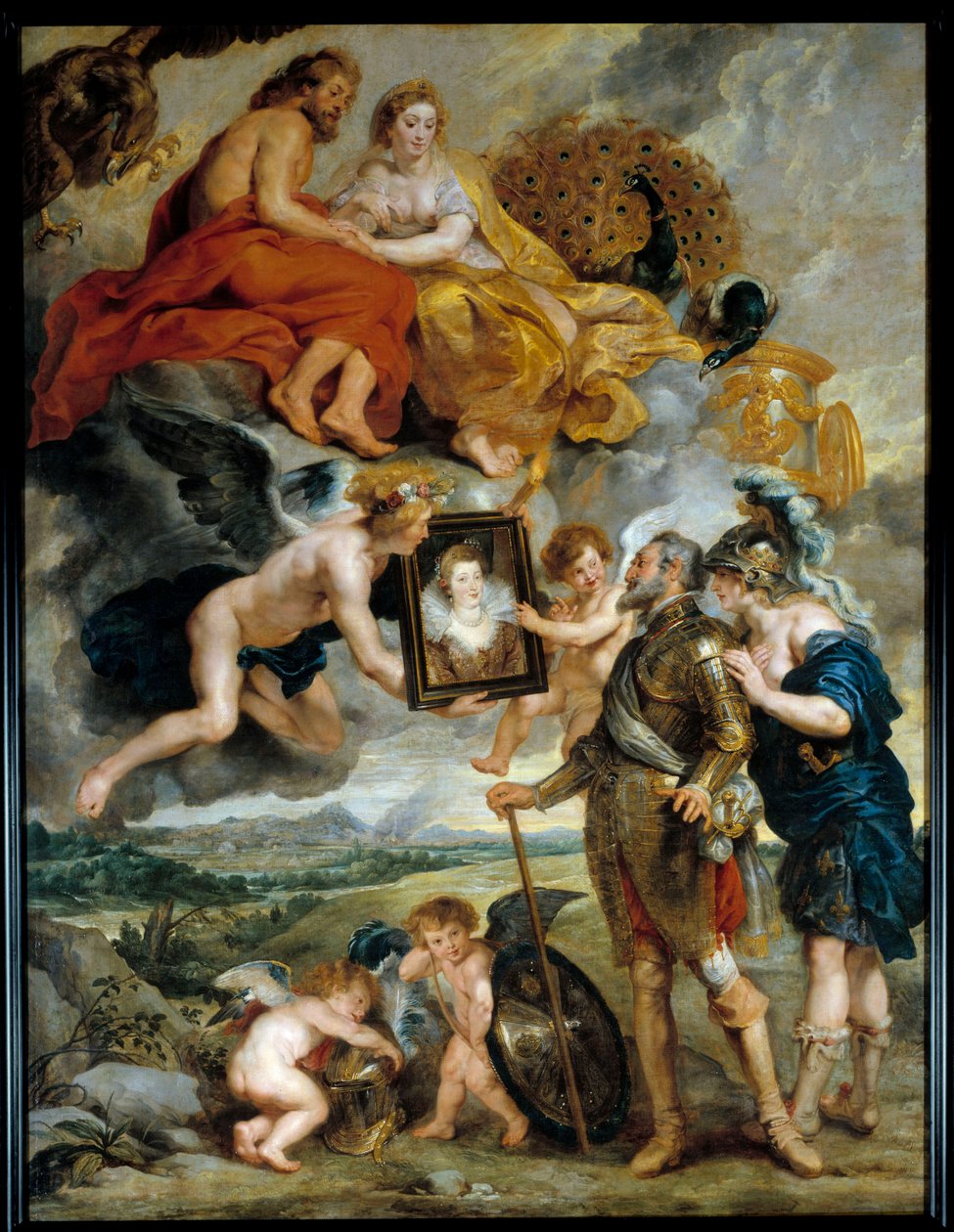 Cycle des Medicis: "" ملك فرنسا هنري الرابع (1553-1610) يستلم صورة ماري دي ميديسي (1573-1642) "لوحة لبيير بول (بيير بول) روبنز (أو بيتر بول أو بيتروس بولوس) ( 1577-1640) شمس القرن السابع عشر. 3،9x2،9 م بواسطة بيتر بول روبنز