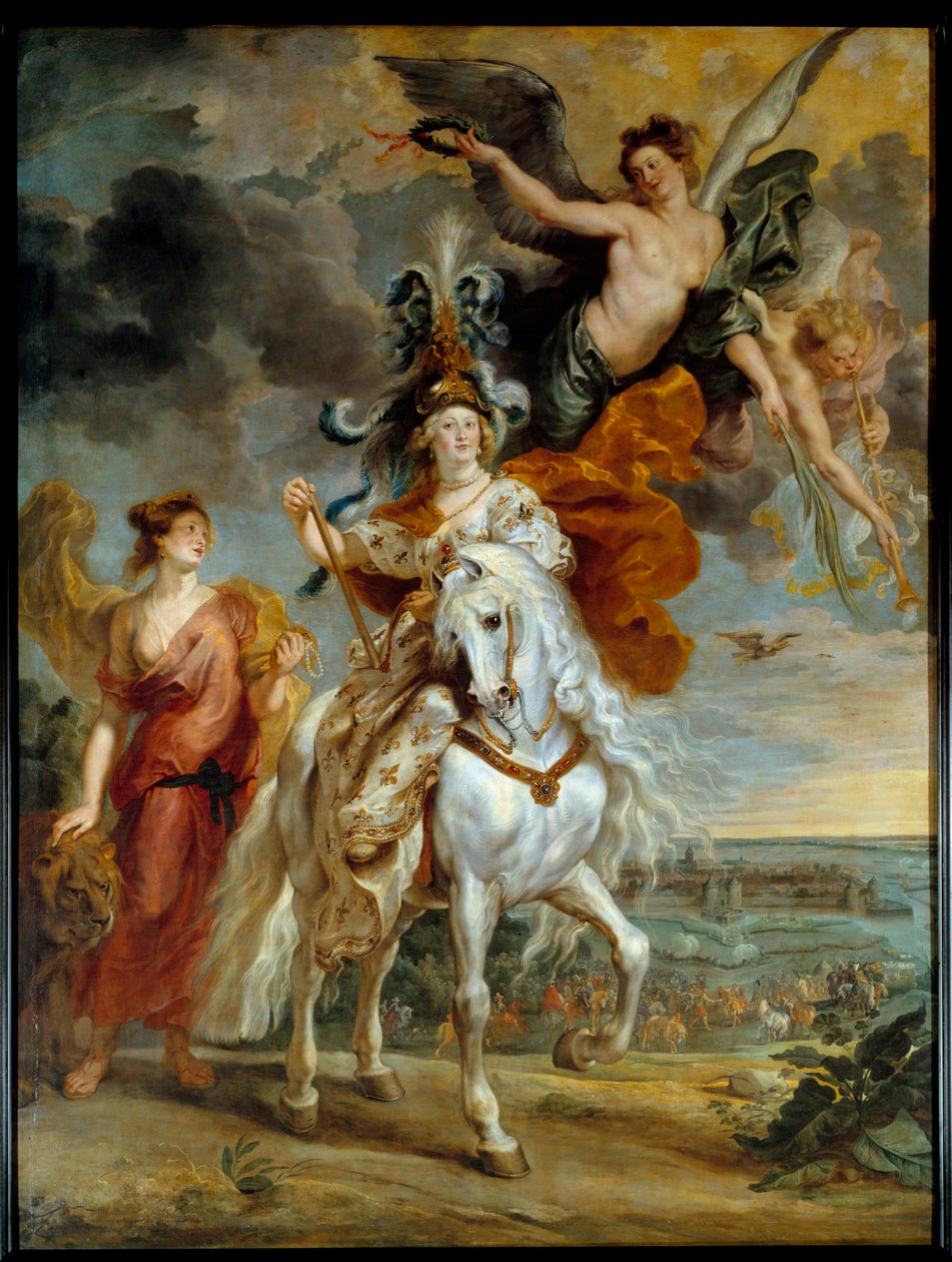 Cycle des Medicis: "" انتصار Juliers في 1 سبتمبر 1610 "" (أو رحلة Marie de Medicis إلى جسر Ce في Anjou "يتم تمثيل الملكة على ظهور الخيل. رسم بيير بول (بيير بول) روبنز (أو بيتر بول) أو بيتروس بولس) (1577-1640) 16 بواسطة بيتر بول روبنز