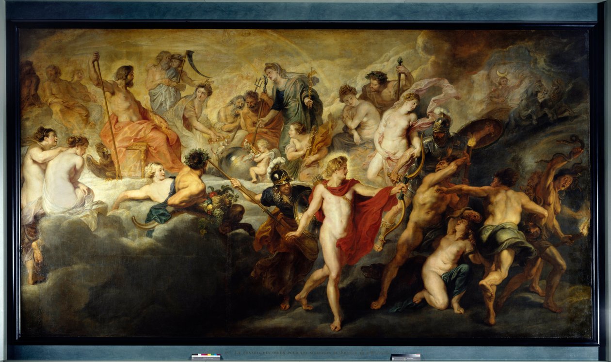 Cycle of Mary de Medicis: حفل (أو مجلس) الآلهة للزواج المتبادل لفرنسا وإسبانيا ، قال ذات مرة: حكومة الملكة. صورة رمزية لحكومة الملكة ماري دي ميديسي الفرنسية (1575-1642). على اليسار ، كوكب المشتري وجونو يتزوجان من الأب بواسطة بيتر بول روبنز