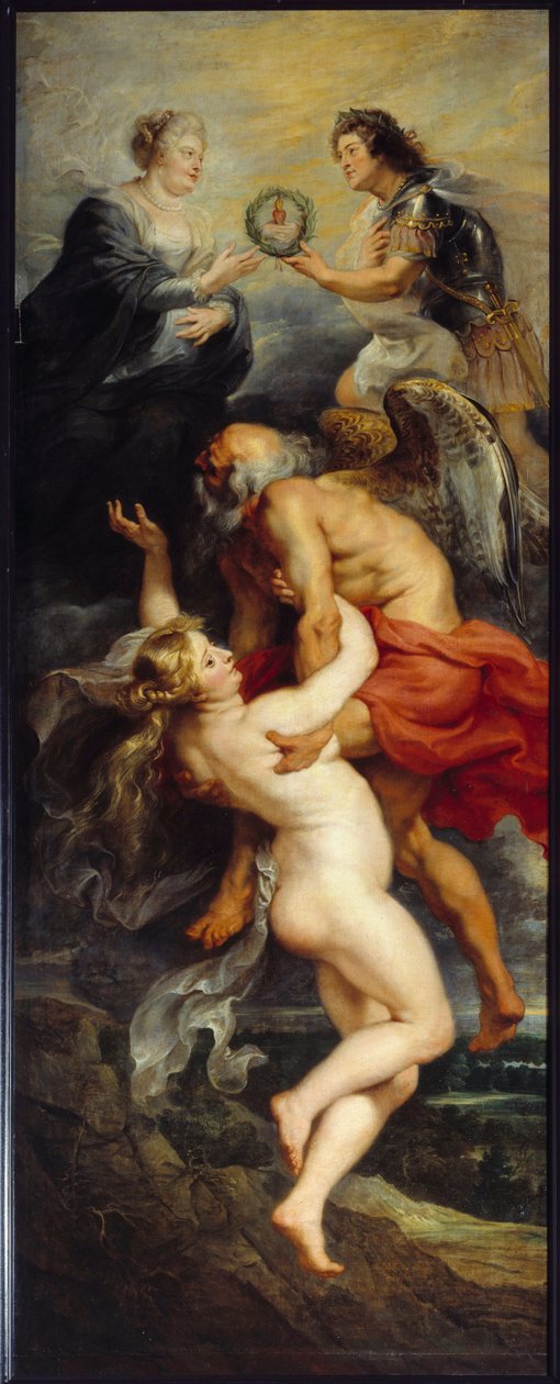 Cycle of Medicis: "" The Triumph of the Verite "" "يمثل الملك لويس الثالث عشر والملكة ماري من ميديشي في الجزء العلوي من رموز الزمن والفريت. رسم بيير بول (بيير بول) روبنز (أو بيتر بول أو بيتروس بولوس) (1577-1640) (ec.flam.) بواسطة بيتر بول روبنز