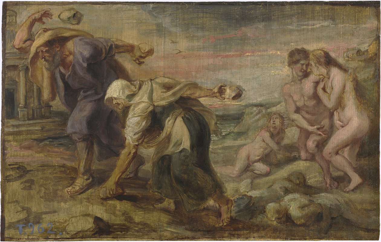 "Deucalion and Pyrrha" لوحة رسمها بيتر بول روبنز (1577-1640) حوالي 1636 - زيت على خشب خافت 26.4x41.7 سم متحف ديل برادو ، مدريد بواسطة بيتر بول روبنز