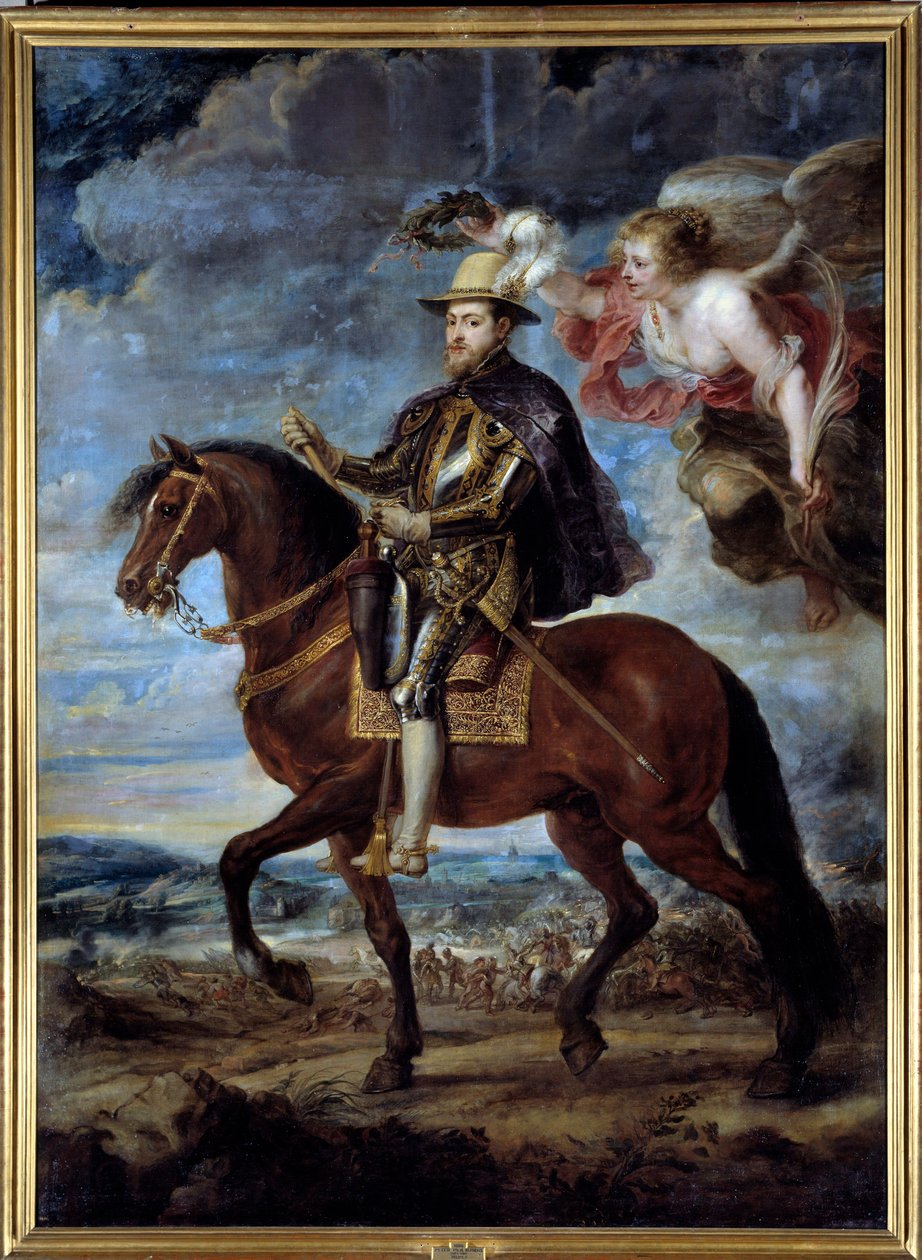 صورة الفروسية لفيليب الثاني ، ملك إسبانيا (1527-1598) لوحة بيتر بول (بيير بول) روبنز (أو بيتر بول أو بيتروس بولوس) (1577-1640) القرن السادس عشر. 3،14x2،28 م مدريد ، متحف برادو بواسطة بيتر بول روبنز