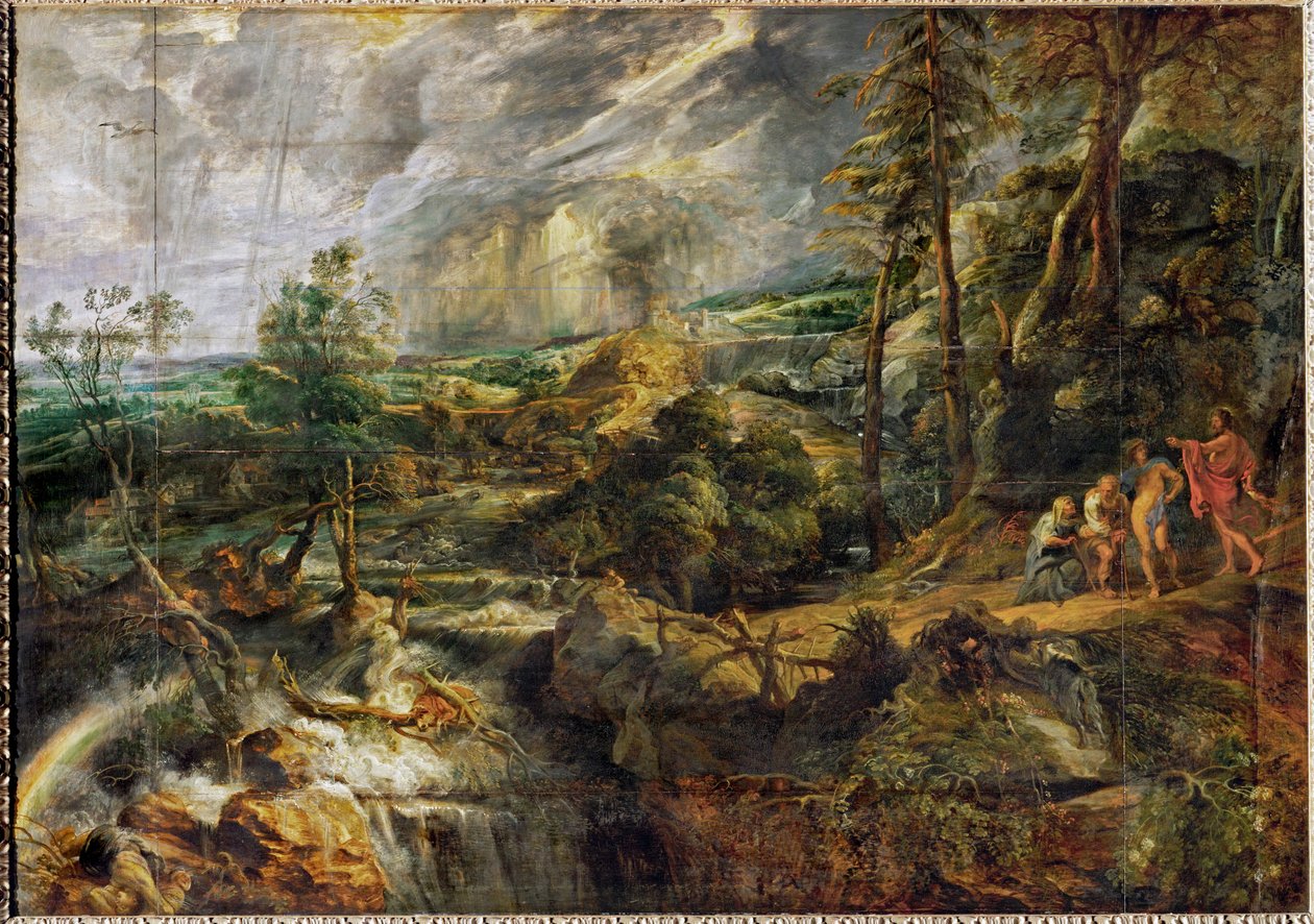 منظر طبيعي في عاصفة رعدية مع فيليمون وباوكيس والمشتري وعطارد، حوالي 1620 (زيت على الخشب) بواسطة بيتر بول روبنز