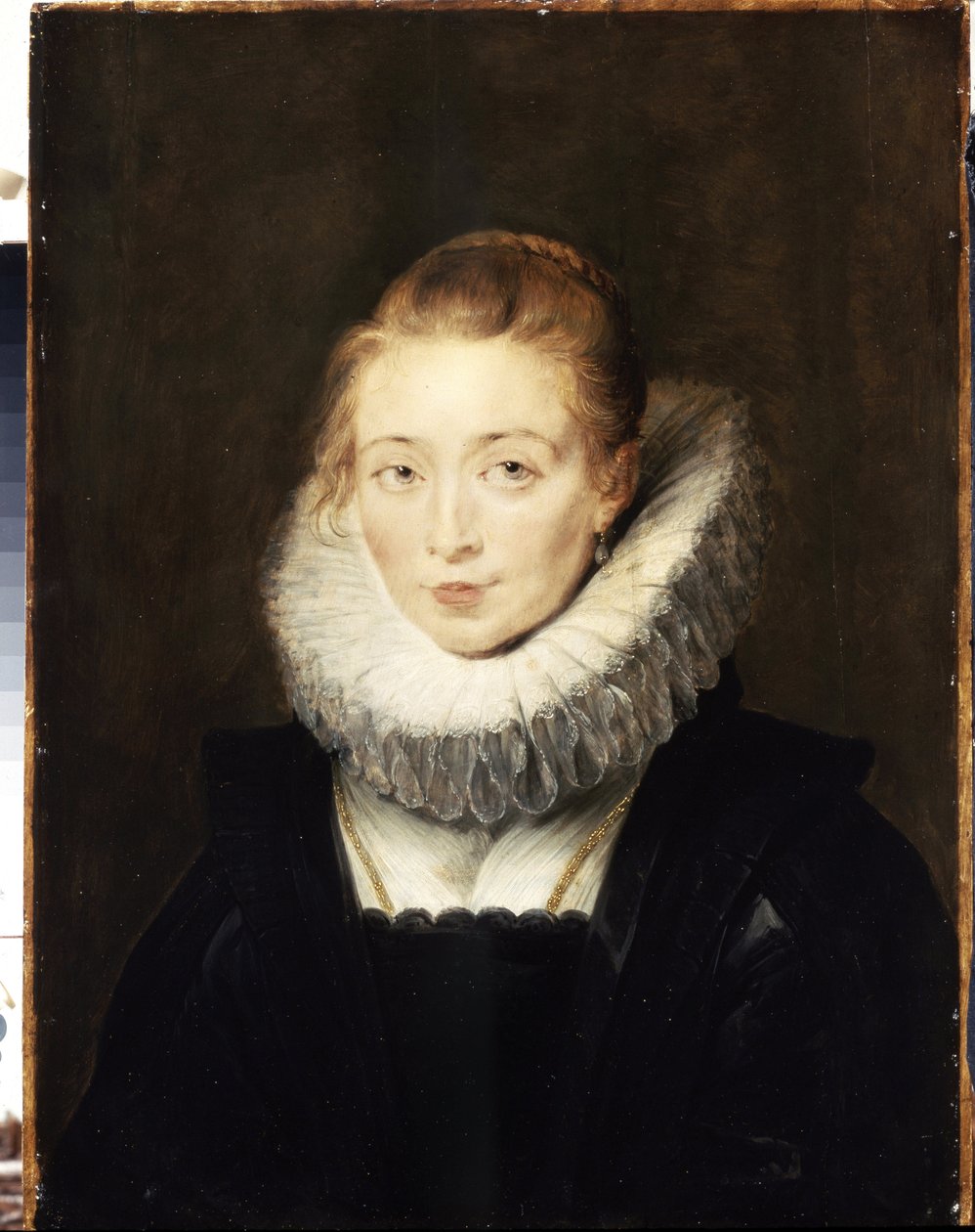 صورة لسيدة في انتظار إنفانتا إيزابيلا (1566-1633). إنها ترتدي طوق الفراولة. (صورة لسيدة تنتظر إنفانتا إيزابيلا). لوحة بيتر بول (بيير بول) روبنز (أو بيتر بول أو بيتروس بولوس) (1577-1640). زيت سو بواسطة بيتر بول روبنز