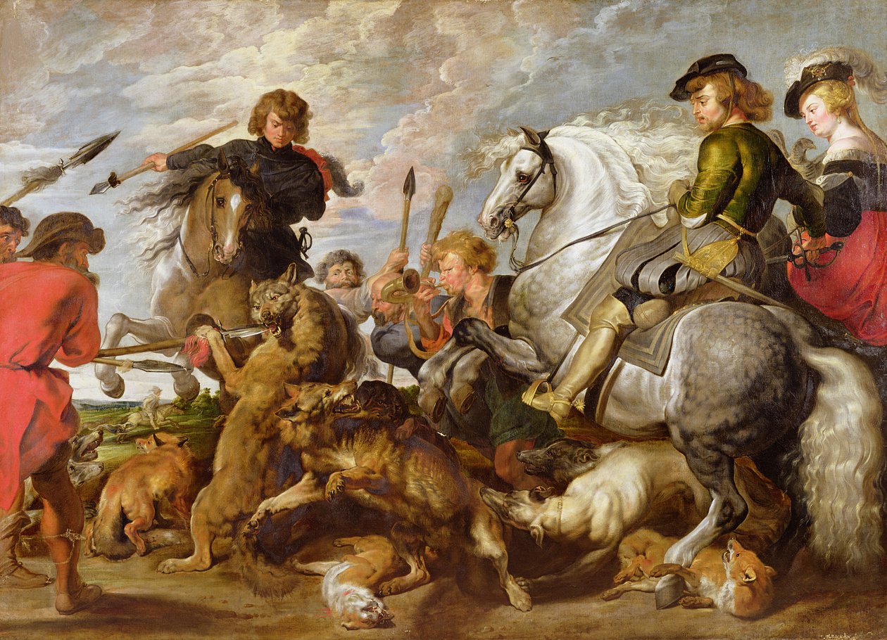 روبنز زوجته الثانية وابنه في ذئب و Foxhunt ، بعد نسخة أصلية من روبنز بواسطة بيتر بول روبنز