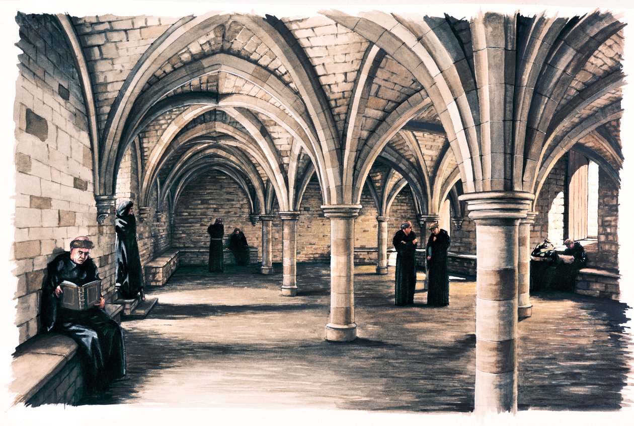 رهبان في الغرفة المشتركة في Battle Abbey ، شرق ساسكس ، القرن الثاني عشر من عام 1990 إلى عام 2010 بواسطة بيتر أورمستون