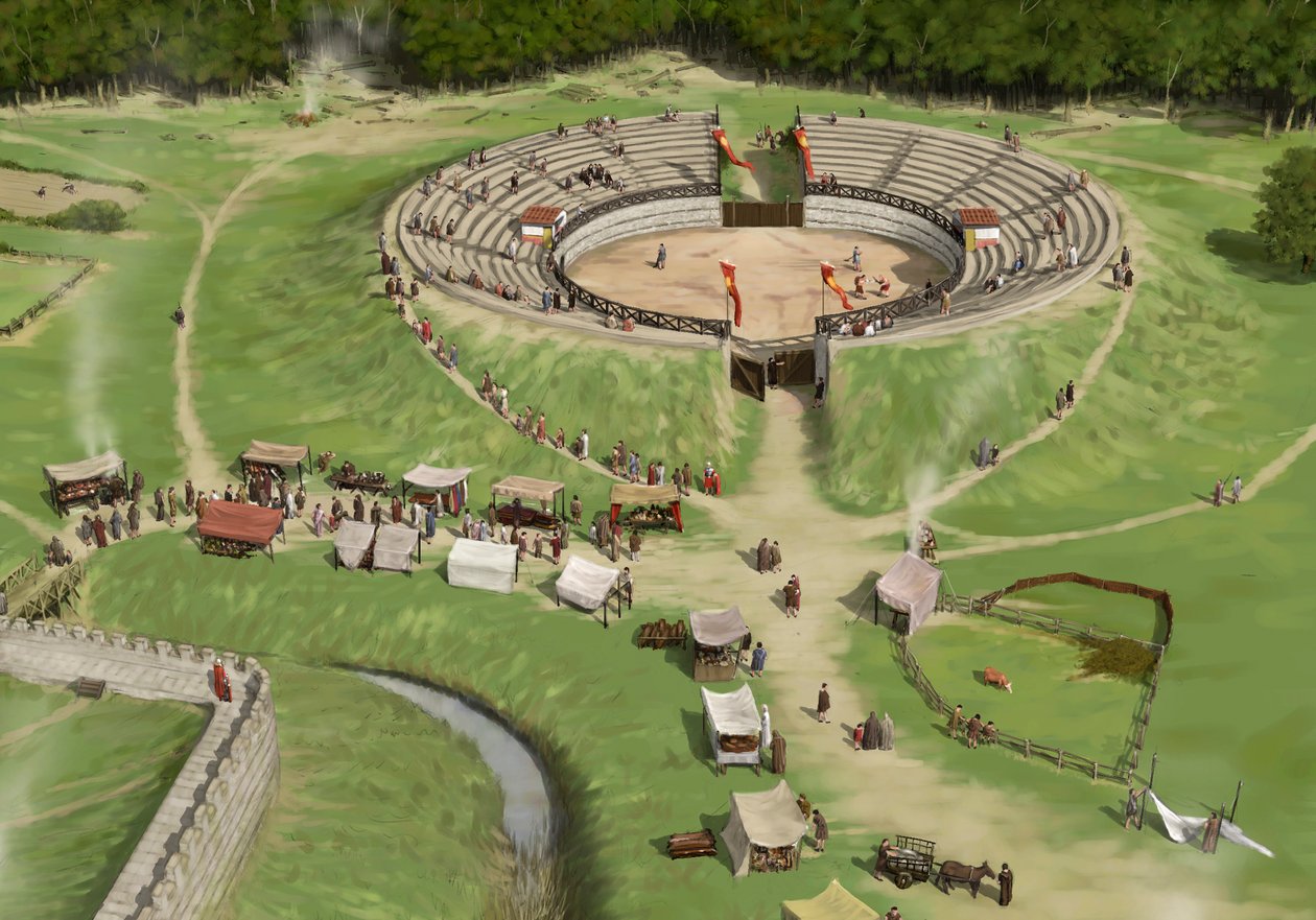 يصل المتفرجون إلى مدرج Silchester Roman City Amphitheatre c250 بعد الميلاد ، c1990-2010 بواسطة بيتر أورمستون