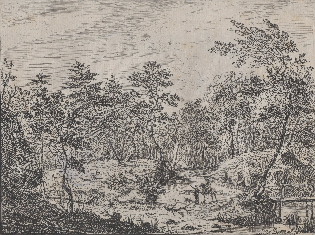 منظر طبيعي للغابة مع متسابق يتحدث مع رجل في المركز ، جسر للمشاة على اليمين ، 1716. بواسطة بيتر فون بميل