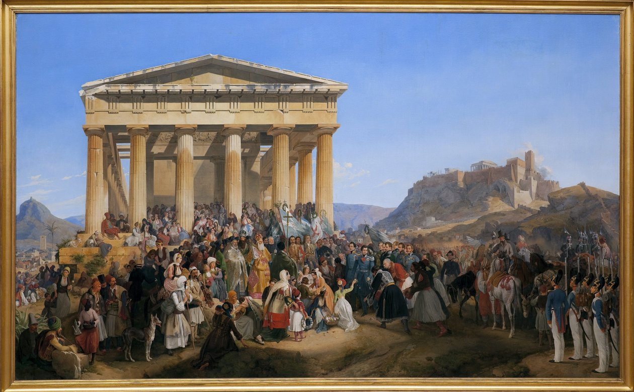 مدخل الملك أوثون الأول ملك اليونان (1815-1876) إلى أثينا ، الذي رحب به الحشد أمام معبد هيفايستوس (هيفايستوس) (هيفايستوس) أو ثسيون في أجورا (اليونان) بواسطة بيتر فون هيس