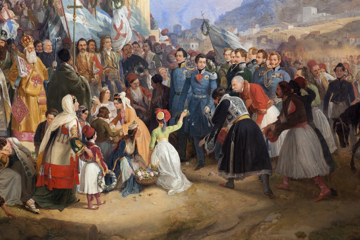 مدخل الملك أوثون الأول ملك اليونان (1815-1876) إلى أثينا ، الذي رحب به الحشد أمام معبد هيفايستوس (هيفايستوس) (هيفايستوس) أو ثسيون في أجورا (اليونان) بواسطة بيتر فون هيس