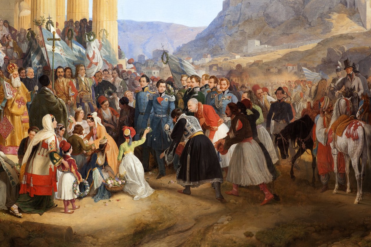 مدخل الملك أوثون الأول ملك اليونان (1815-1876) إلى أثينا ، الذي رحب به الحشد أمام معبد هيفايستوس (هيفايستوس) (هيفايستوس) أو ثسيون في أجورا (اليونان) بواسطة بيتر فون هيس