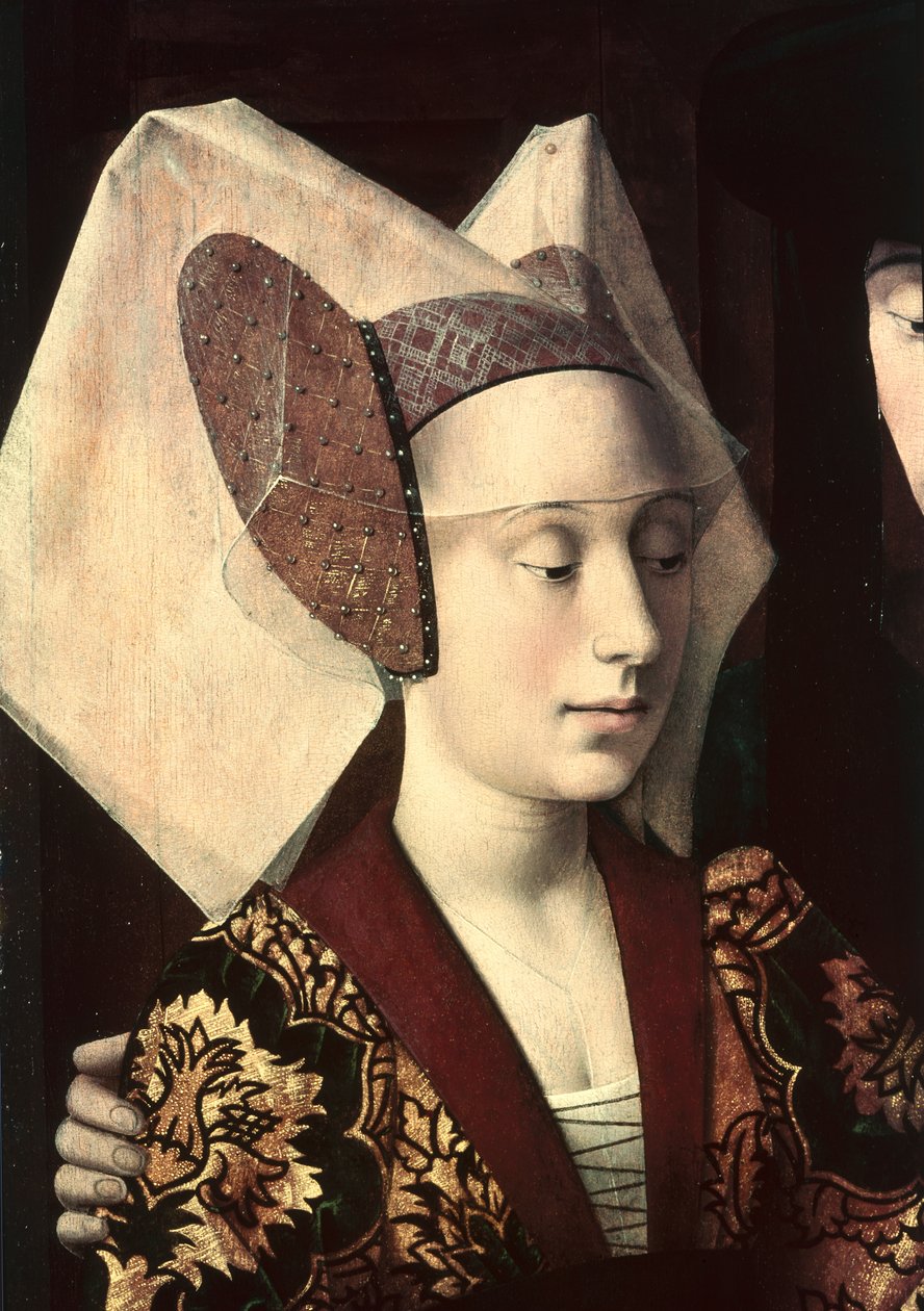 القديس Eligius (c.588-660) كصائغ يظهر حلقة للزوجين المخطوبين ، تفاصيل الخطيبة ، 1449 بواسطة بيتر المسيح