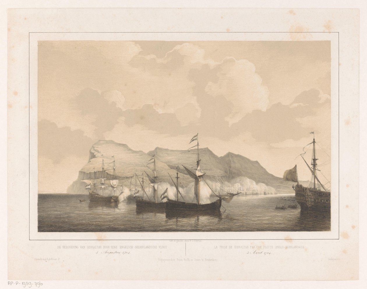 غزو ​​جبل طارق غزو ​​جبل طارق من قبل الأسطول الأنجلو هولندي 3 أغسطس 1704 / La prize de Gibraltar par un flotte Anglo-Neerlandaise (العنوان على الجسم) بواسطة بيتر يوهانس شوتل