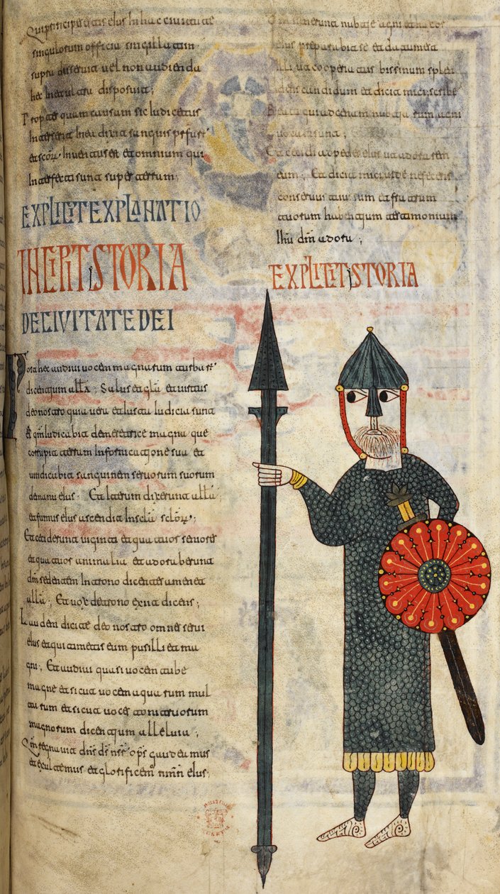 جندي من القوط الغربيين يرتدي ملابس طويلة بطول الركبة وسراويل ضيقة ، رسم توضيحي من "Beatus of Liébana" بواسطة بيتر بيتر