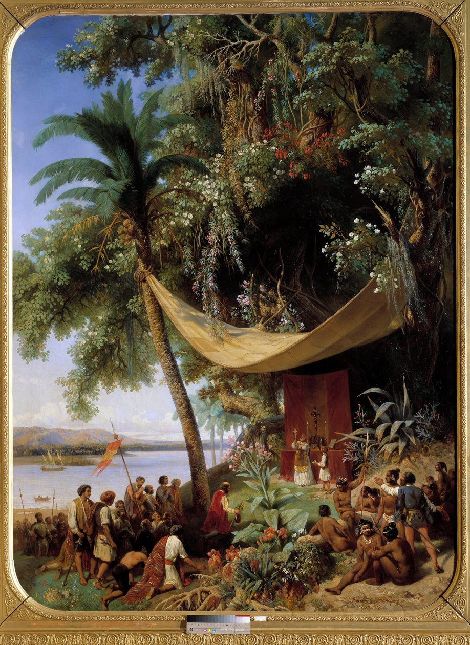 القداس الأول في أمريكا (القرن الخامس عشر) في كوبا عام 1494 ، رحلة كولومبوس الثانية إلى هافانا لوحة رسمها بلانشارد فاراموند (1805-1873) بواسطة Pharamond Blanchard