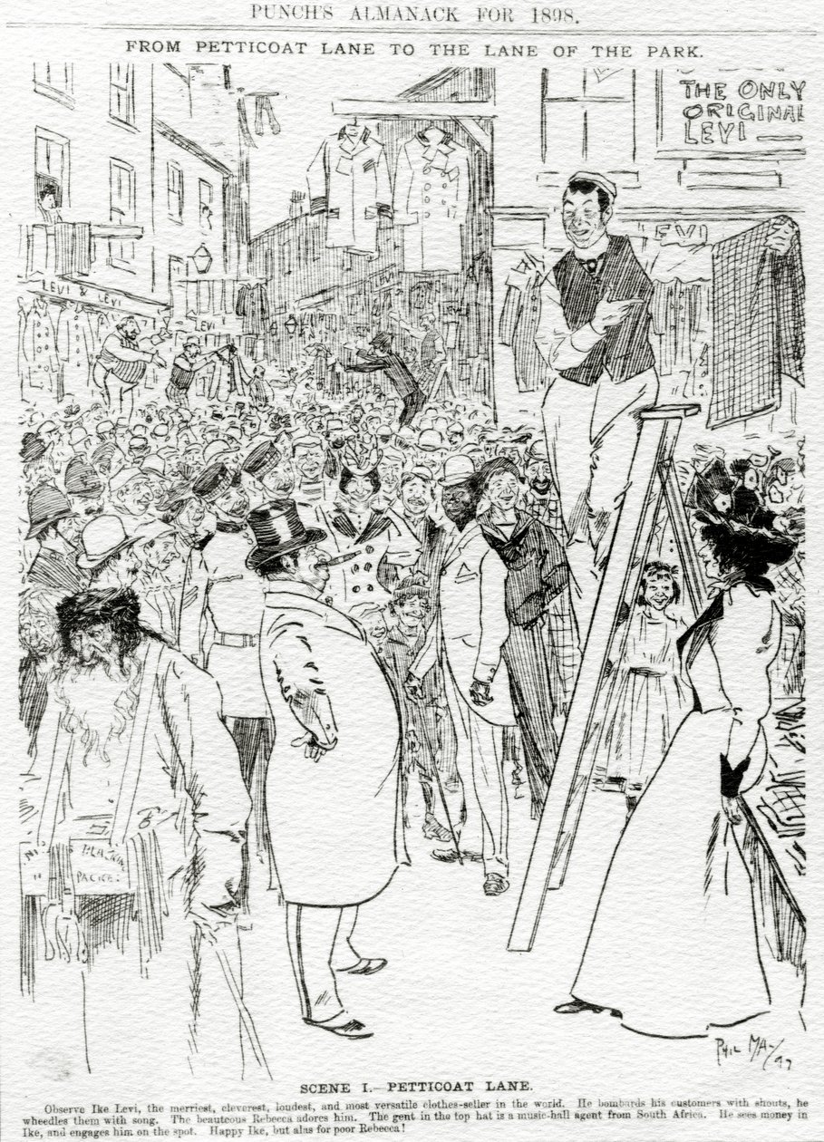 المشهد الأول ، Petticoat Lane ، نشر في "Punch&39;s Almanack for 1898" بواسطة فيل ماي