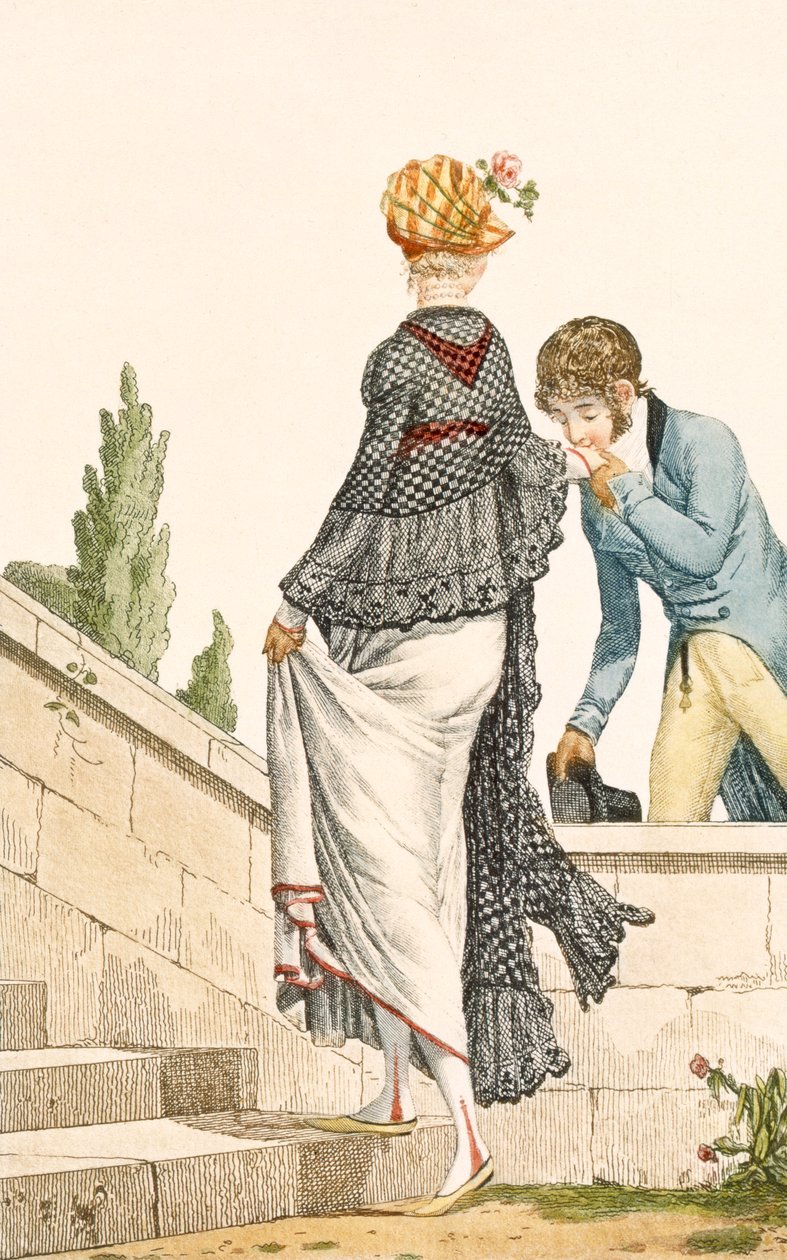 فستان للمشي الأنيق ليدي مع غطاء رأس ، 1789 ، صورة توضيحية من "Modes et Manieres du Jour a Paris" بواسطة فيليبيرت لويس ديبوكورت