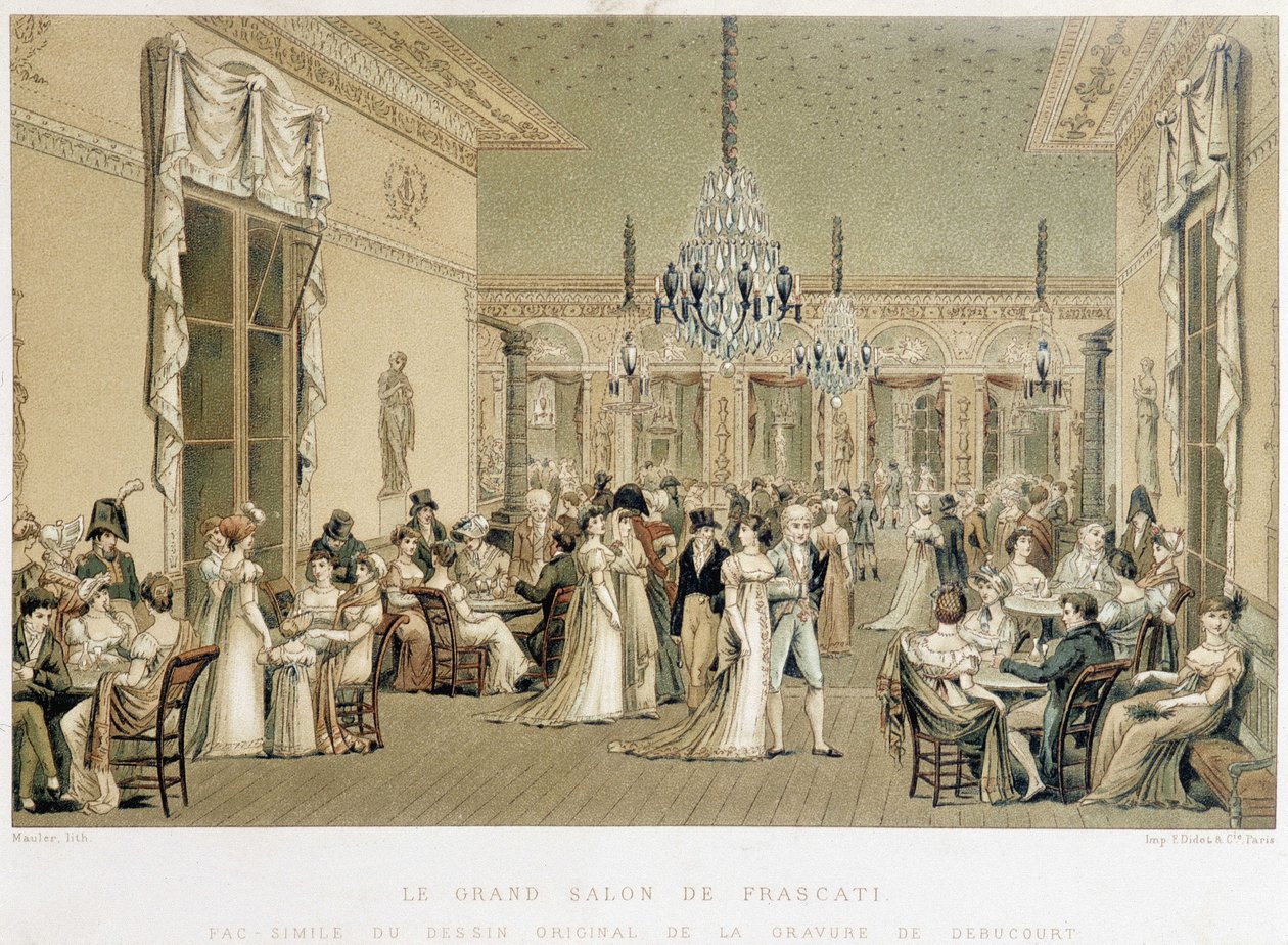 جراند صالون دو كافيه فراسكاتي في باريس. الطباعة الحجرية بواسطة Philibert-Louis Debucourt (1755-1832) بواسطة فيليبيرت لويس ديبوكورت