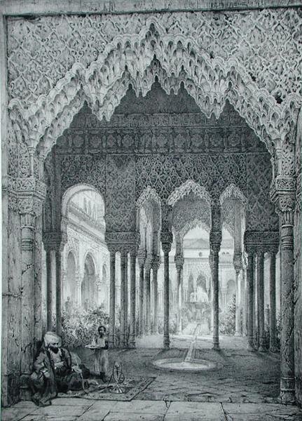 مدخل محكمة الأسود ، قصر الحمراء ، اللوحة 4 من "Souvenirs de Grenade et de l'Alhambra" ، المنشور حوالي 1836-37 (litho) بواسطة فيليبرت جوزيف (بعد) غيرولت دي برانجي