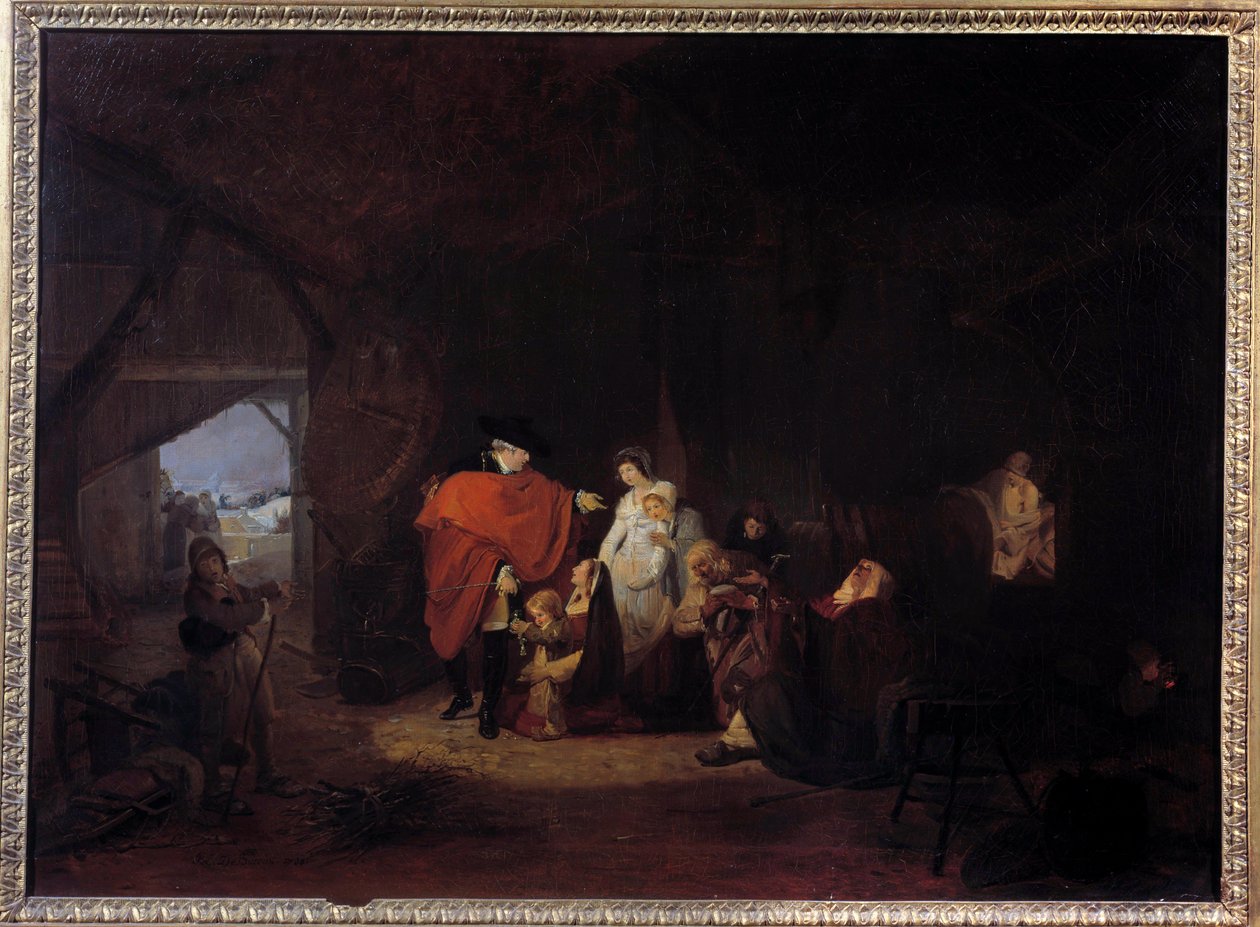 السمة الإنسانية للويس السادس عشر: شتاء 1784 يعطي الملك المنفرد لسكان فرساي لوحة لويس فيليبرت ديبوكورت (1755-1832) 1785 صن. 0،61x0،83 م بواسطة فيليبيرت لويس ديبوكورت