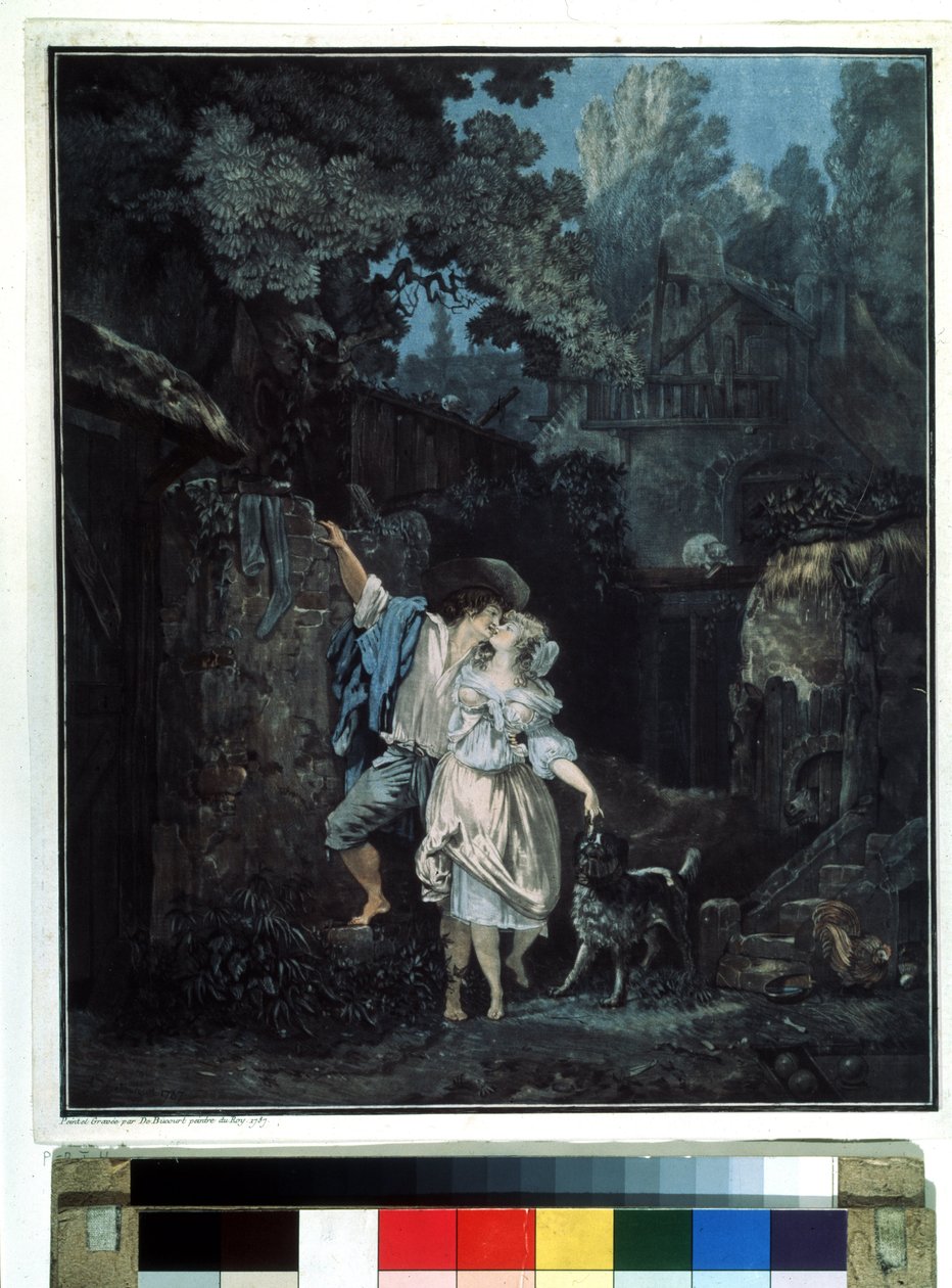 "صباح الوداع" (صباح الوداع) زوجان يغادران في الصباح الباكر. الطباعة الحجرية بواسطة Philibert Louis Debucourt (1755-1832) 1787 متحف بوشكين ، موسكو بواسطة فيليبيرت لويس ديبوكورت