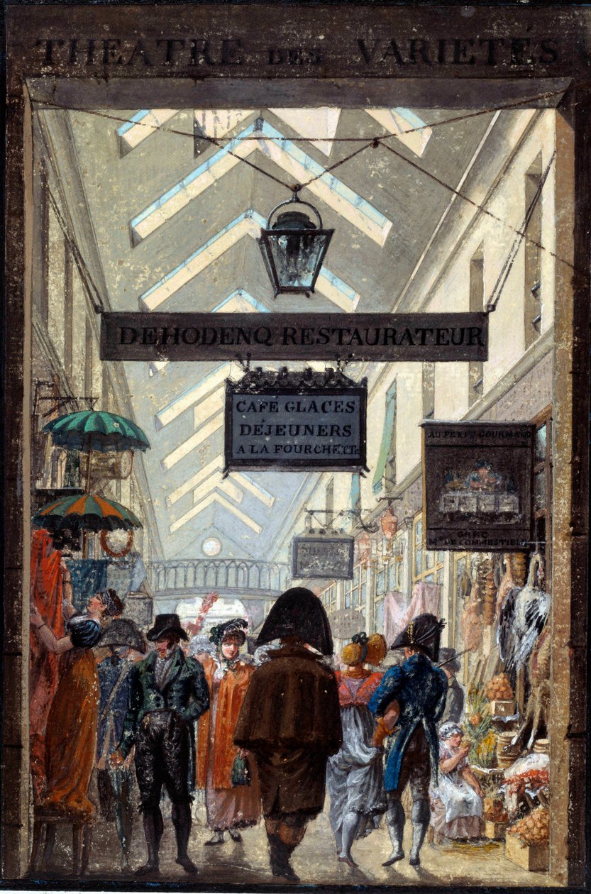 Le passage des Panoramas in Paris الطباعة الحجرية المنسوبة إلى Louis Philibert Debucourt (1755-1832) القرن التاسع عشر ، متحف Carnavalet بواسطة فيليبيرت لويس ديبوكورت