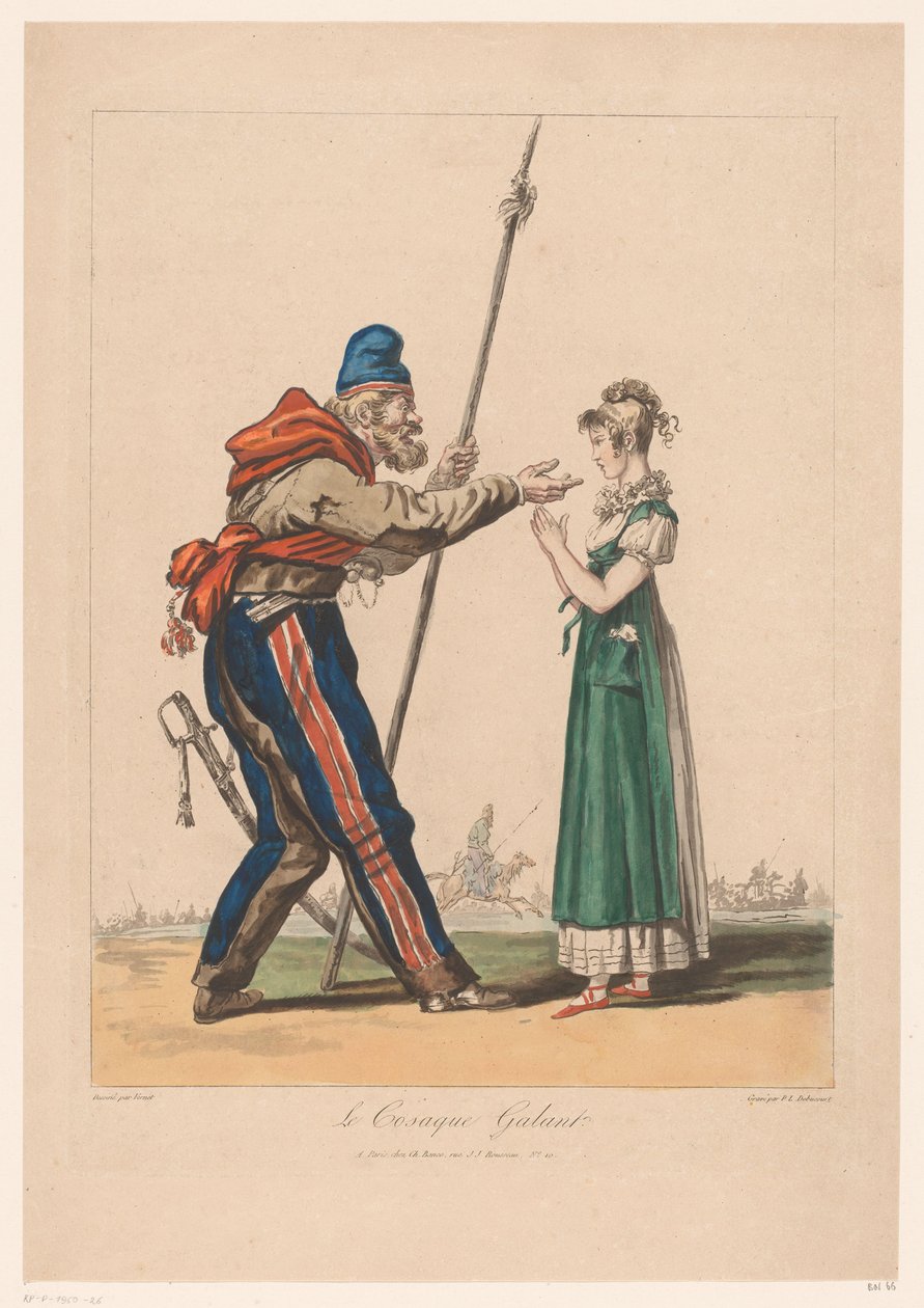 Meisje يضع على Kozak The Galant Cossack. (العنوان على الكائن) Kostuumprenten van Debucourt (عنوان السلسلة) مجموعة أزياء مستمدة من الطبيعة (عنوان السلسلة) بواسطة فيليبيرت لويس ديبوكورت