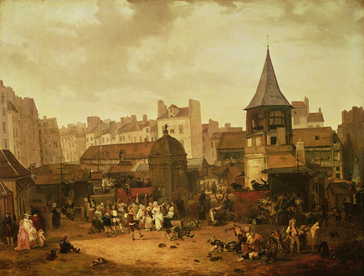 ابتهاج في Les Halles للاحتفال بميلاد دوفين لويس الفرنسي (1781-89) 21 يناير 1781 ، 1783 بواسطة فيليبيرت لويس ديبوكورت