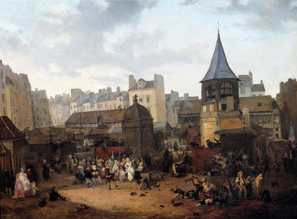 Rejouissances given by the city of Paris aux Halles on 21/01/1782 on the occasion of the birth of the Dauphin Louis Joseph of France (1781-1789) Painting by Louis Philibert Debucourt (1755-1832) 1782 Sun. 0,89x1,16 m Paris, Musee Carnavalet بواسطة فيليبيرت لويس ديبوكورت