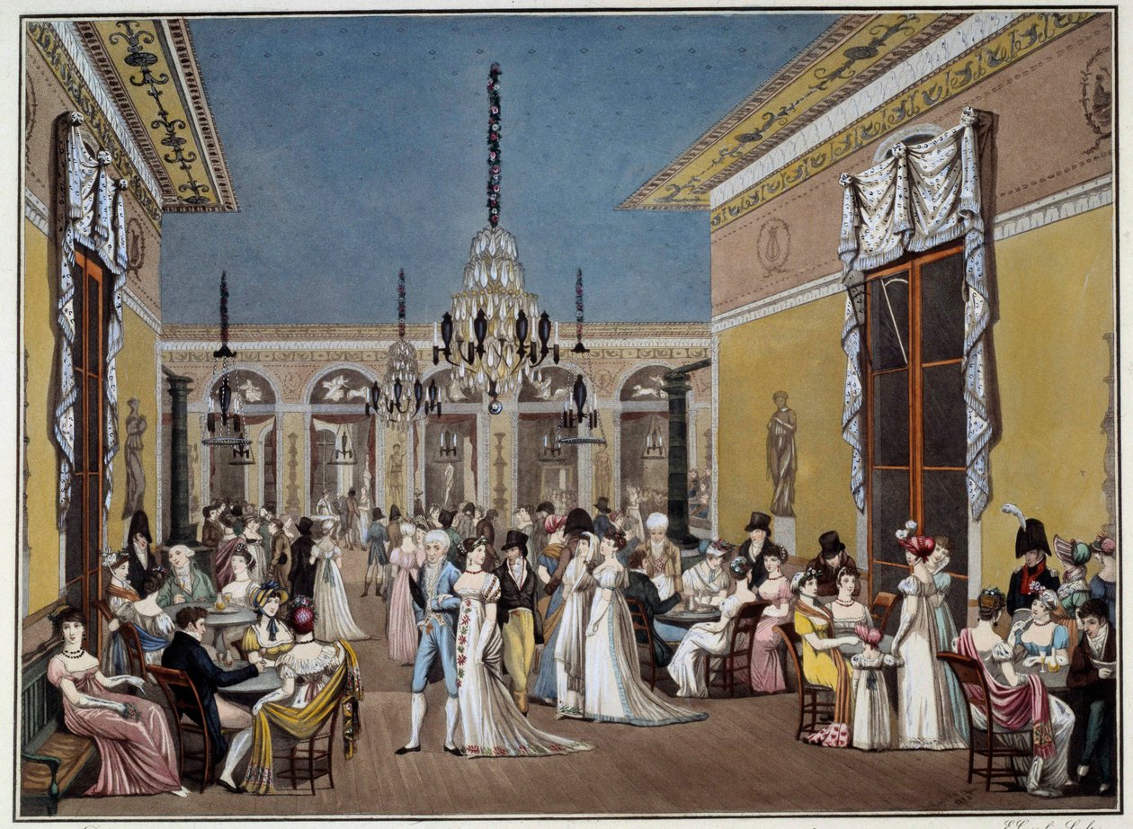 صالون جراند كافيه فراسكاتي. الطباعة الحجرية بواسطة Philibert-Louis Debucourt (1755-1832) بواسطة فيليبيرت لويس ديبوكورت