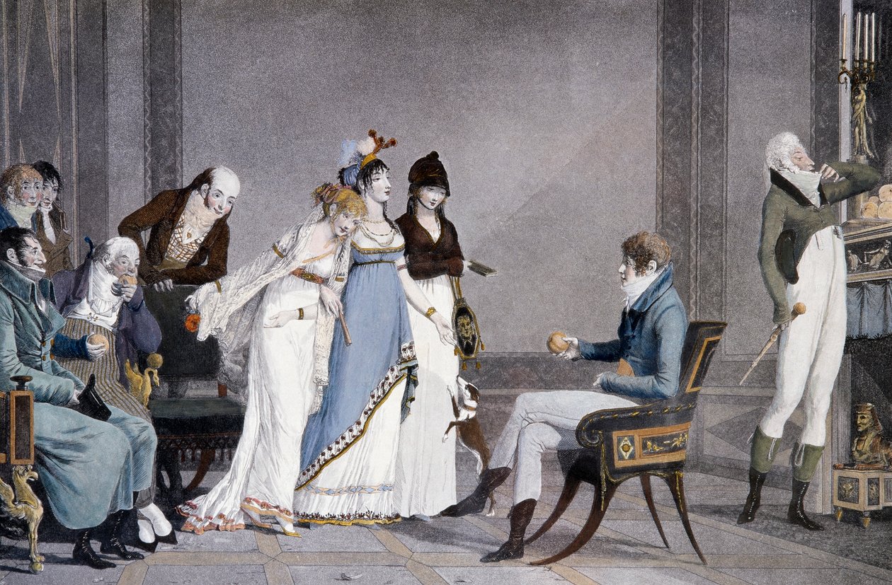 The Orange ، بواسطة Louis-Philibert Debucourt (1755-1832) ، aquatint ، مشهد بأثاث على طراز Directoire المستوحى من Etruscan ، فرنسا بواسطة فيليبيرت لويس ديبوكورت