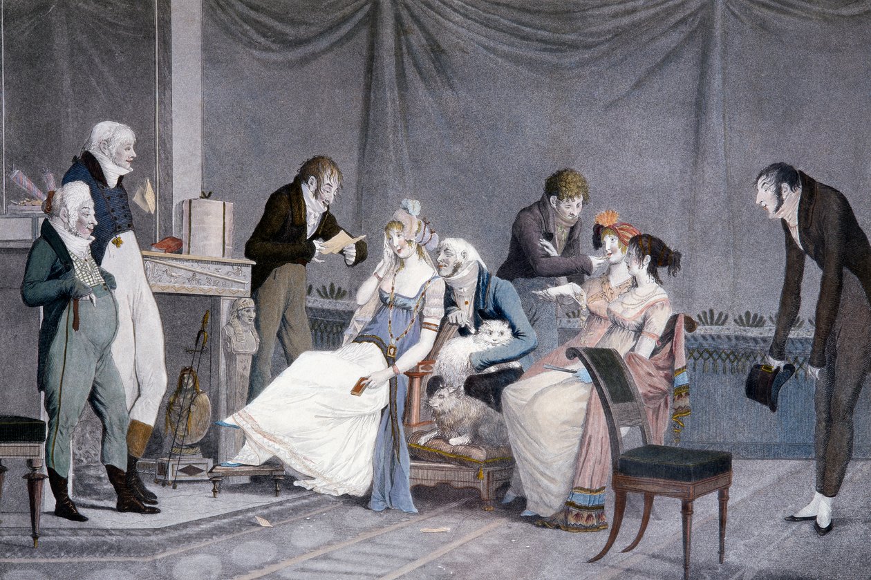 الزيارات ، التي قام بها لويس-فيليبرت ديبوكورت (1755-1832) ، أكواتينت ، مشهد بأثاث مستوحى من إتروسكان على طراز Directoire ، فرنسا بواسطة فيليبيرت لويس ديبوكورت
