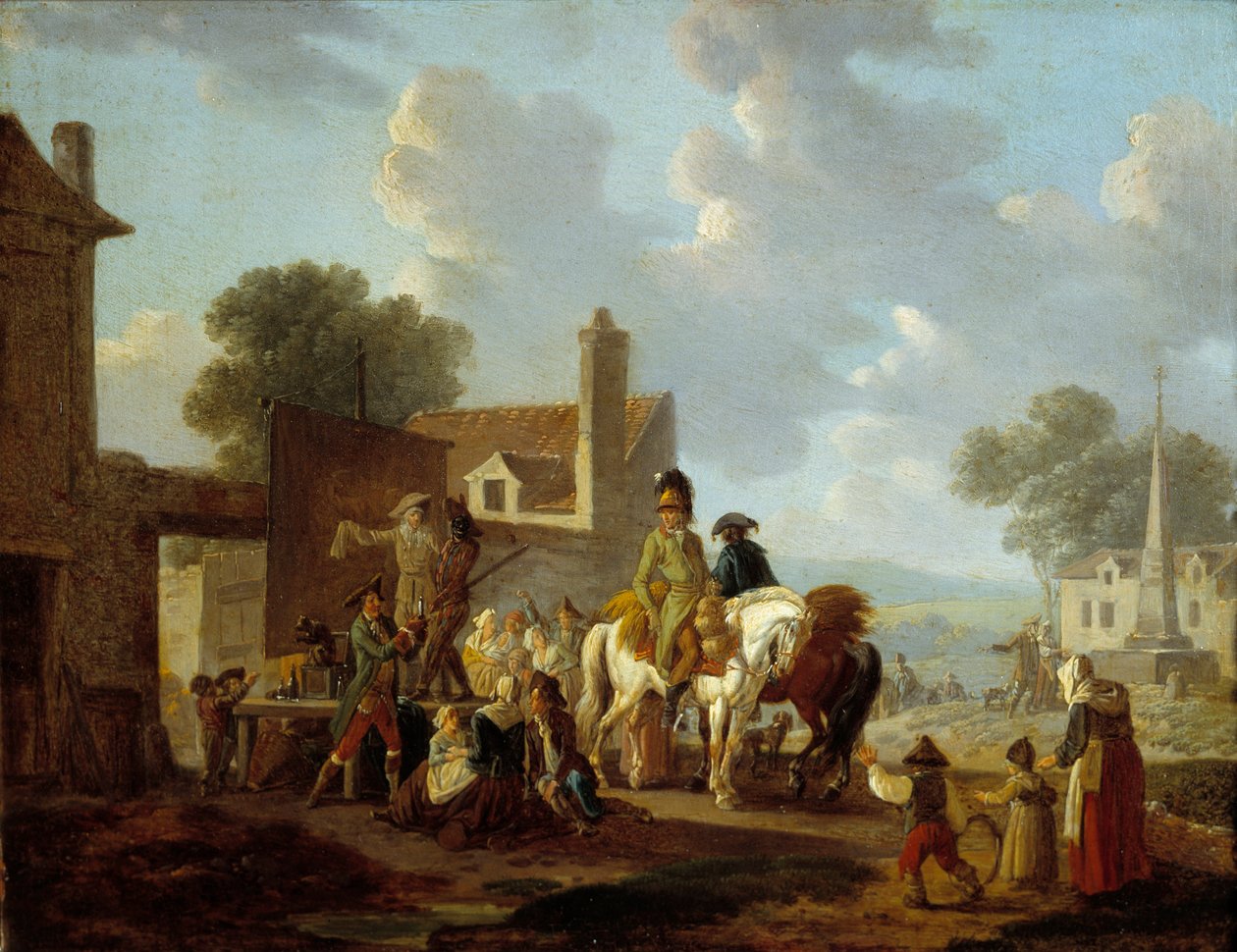 قرويون وفرسان يشاهدون عرض مسرحي في شوارع القرية. لوحة لويس فيليبرت ديبوكورت (1755-1832) من القرن الثامن عشر. 0،24 × 0،31 م بواسطة فيليبيرت لويس ديبوكورت