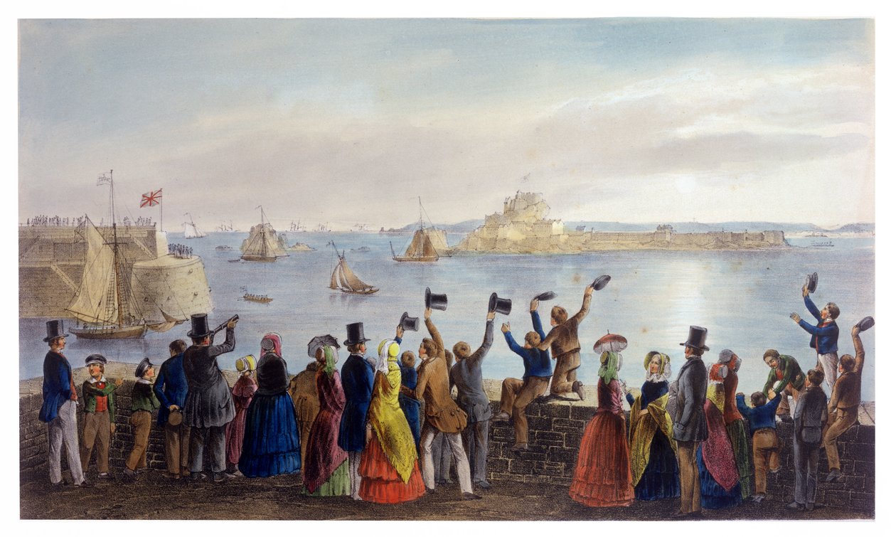 السرب الملكي يدخل خليج سانت أوبين ، 2 سبتمبر 1846 ، من زيارة الملكة فيكتوريا في جيرسي ، محفورة بواسطة H. Walter ، 1847 بواسطة فيليب جون أولس