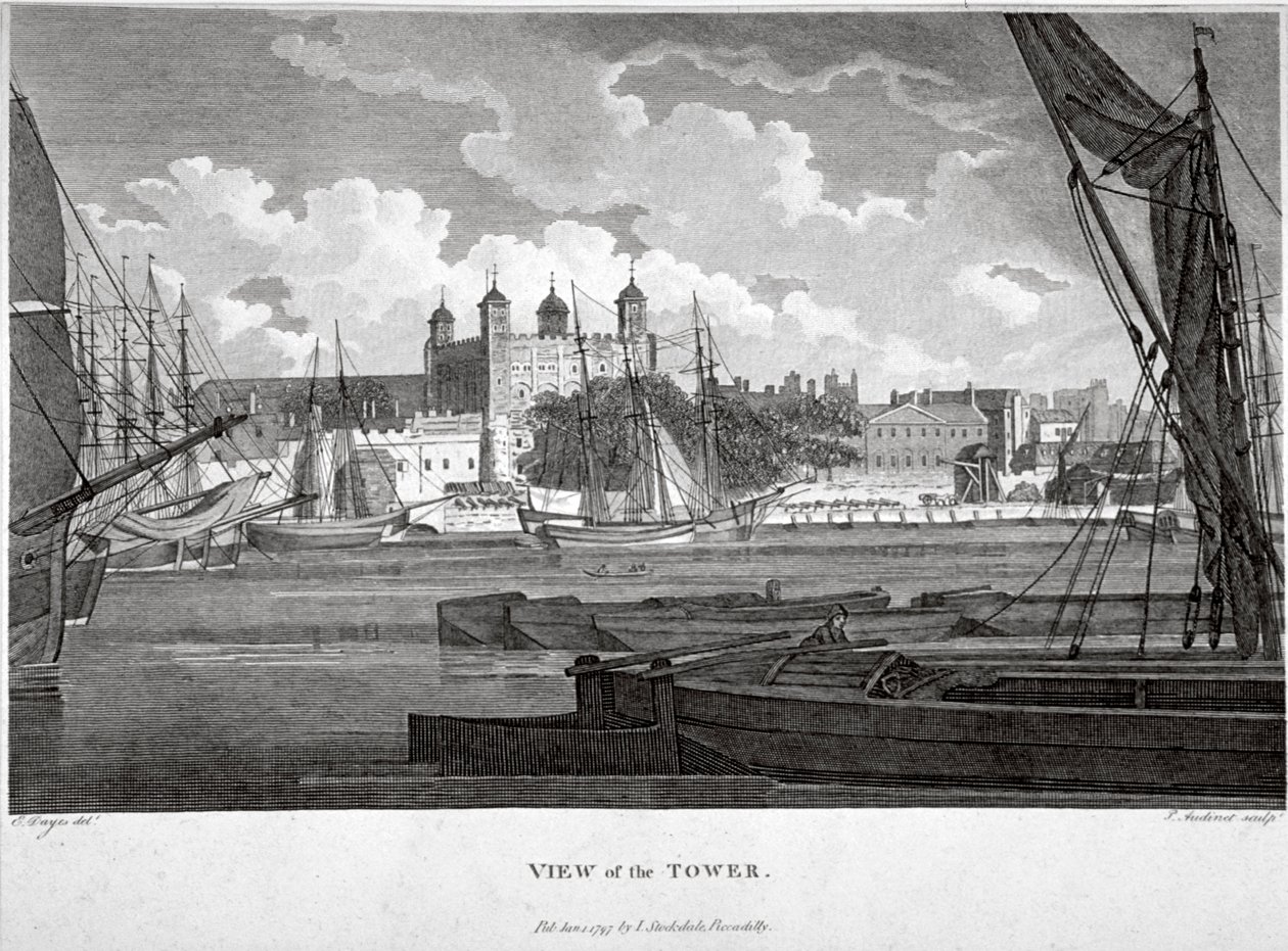 منظر لبرج لندن بالمراكب على نهر التايمز ، حوالي 1790 بواسطة فيليب أودينيت