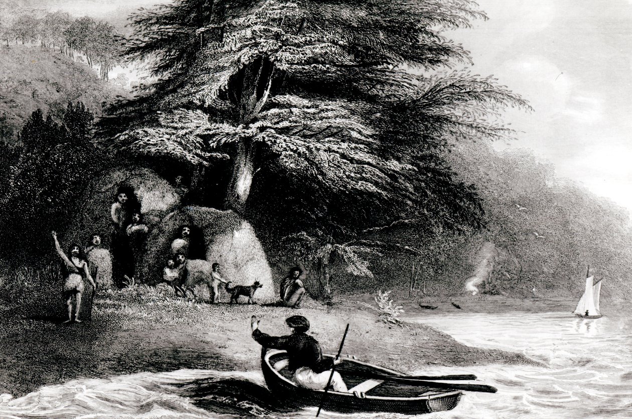 Fuegian Wigwams في Hope Harbourin the Magdalen Channel ، منقوش بواسطة S. Bull ، 1838 بواسطة فيليب باركر كينج