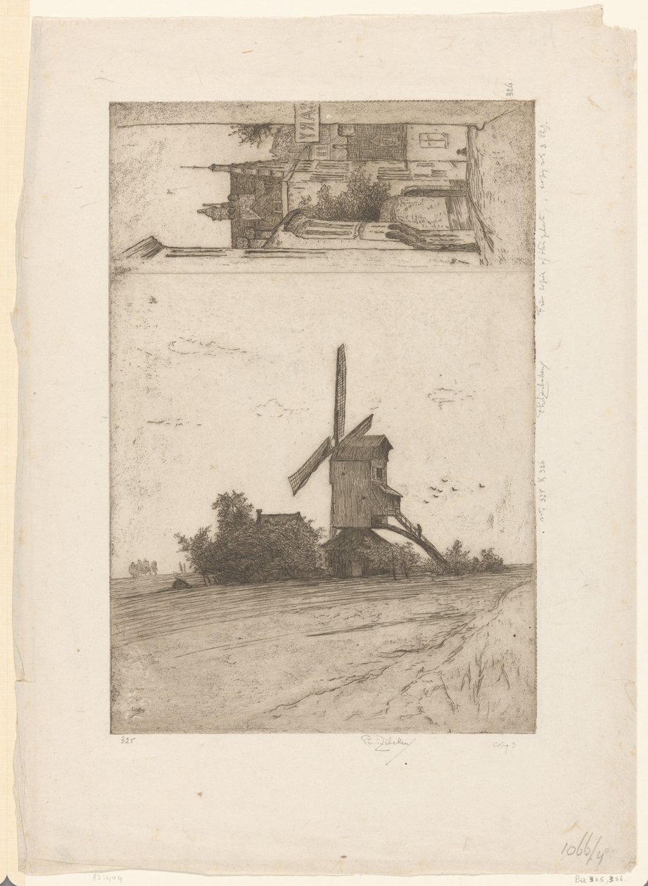 مطحنة في مرج المناظر الطبيعية وعرض في Ravensteinstraat في بروكسل Vieux moulin a Laeken / Rue Ravenstein (Bruxelles) (العنوان الأصلي) بواسطة فيليب زيلكن (بتوقيع الفنان)