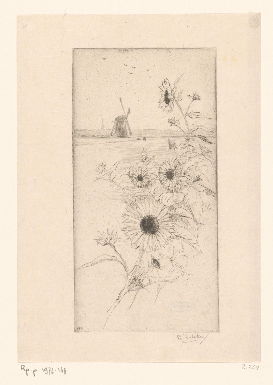عباد الشمس أمام مرج منظر طبيعي مع خيول وطاحونة هوائية Eutude de tournesols (العنوان الأصلي) بواسطة فيليب زيلكن (بتوقيع الفنان)