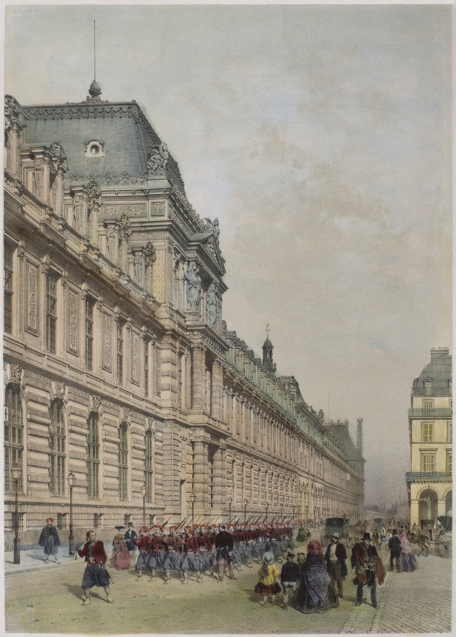 منظر للواجهة الجديدة لمتحف اللوفر في شارع ريفولي ، رسم توضيحي من `` Paris dans son splendeur &39;&39; ، نشره هنري شاربينتييه ، 1861 بواسطة فيليب بينويست