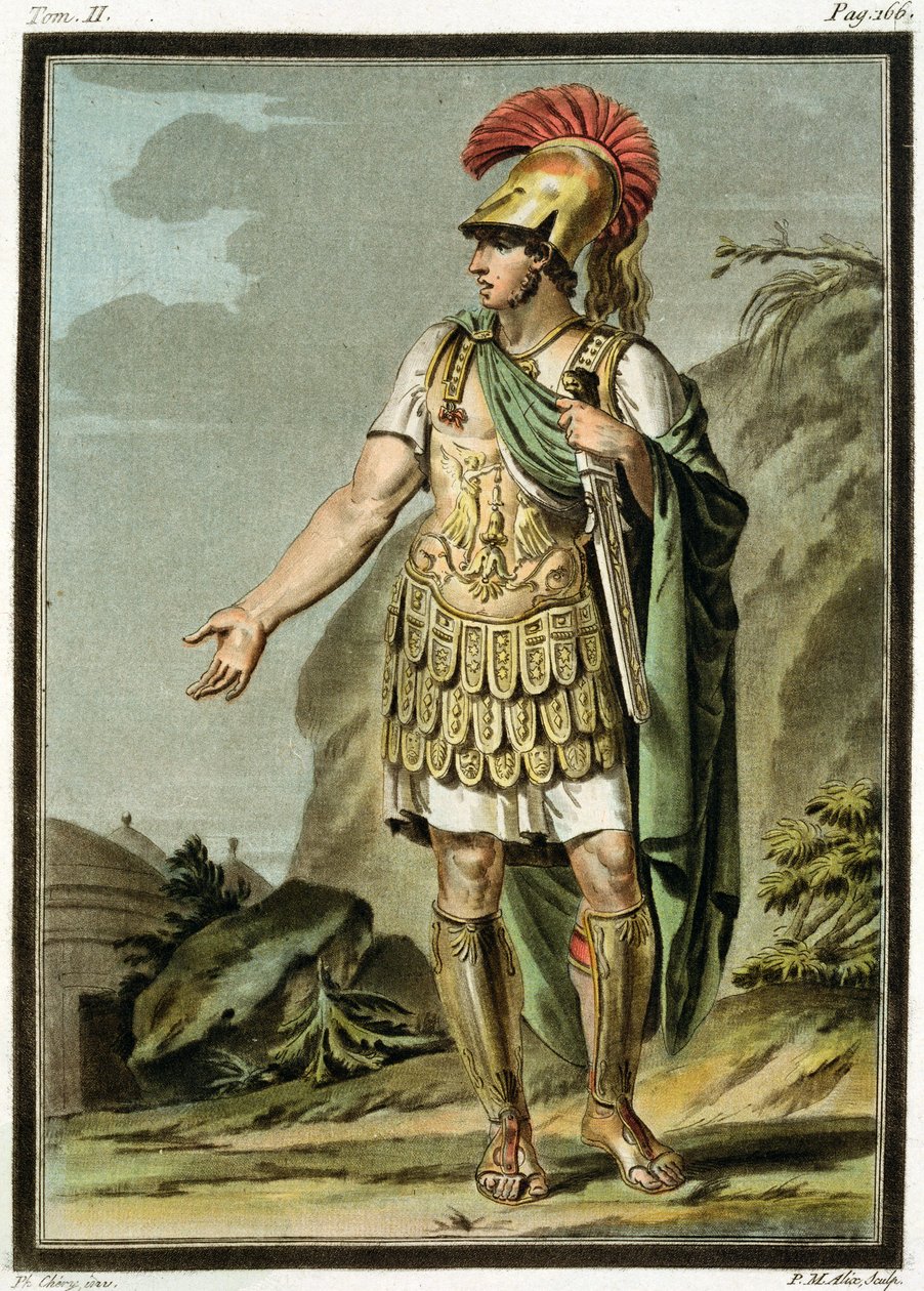 Achilles in Armor ، زي لـ "Iphigenia in Aulis" بقلم جان راسين ، من المجلد الثاني من "البحث في الأزياء ومسرح جميع الأمم" ، منقوش بواسطة Pierre Michel Alix (1762-1817) 1802 (ملون بواسطة فيليب شيري