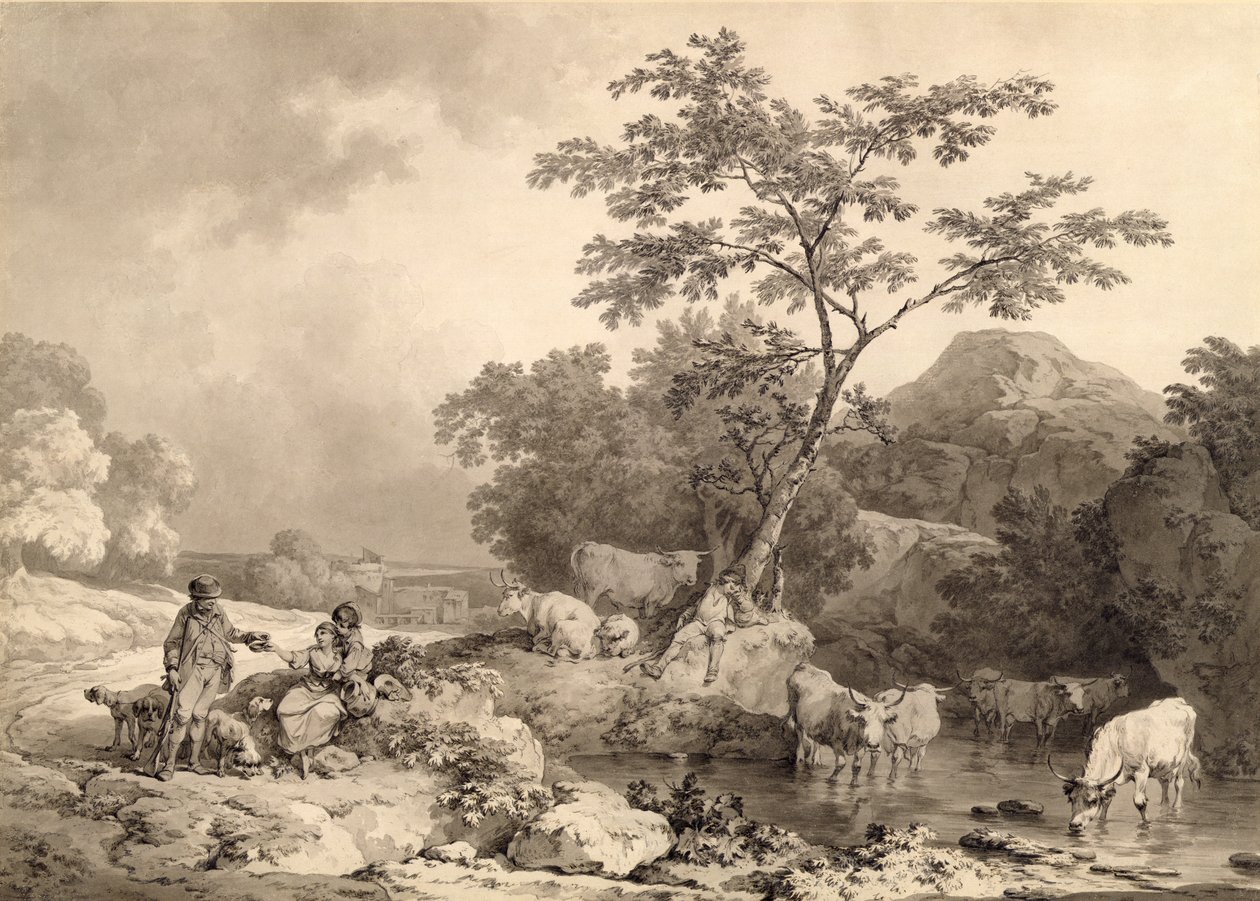 أرقام بجدول مع سقي الماشية (يغسل الرمادي فوق قلم رصاص على ورق مسدود) بواسطة فيليب جاك دو لوبيرج