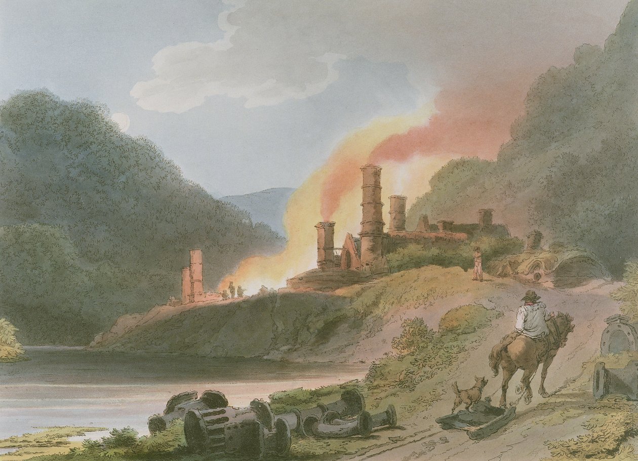 أعمال الحديد ، Coalbrook Dale ، من `` المشهد الرومانسي والخلاب لإنجلترا وويلز &39;&39; ، 1805 بواسطة فيليب جاك دو لوبيرج