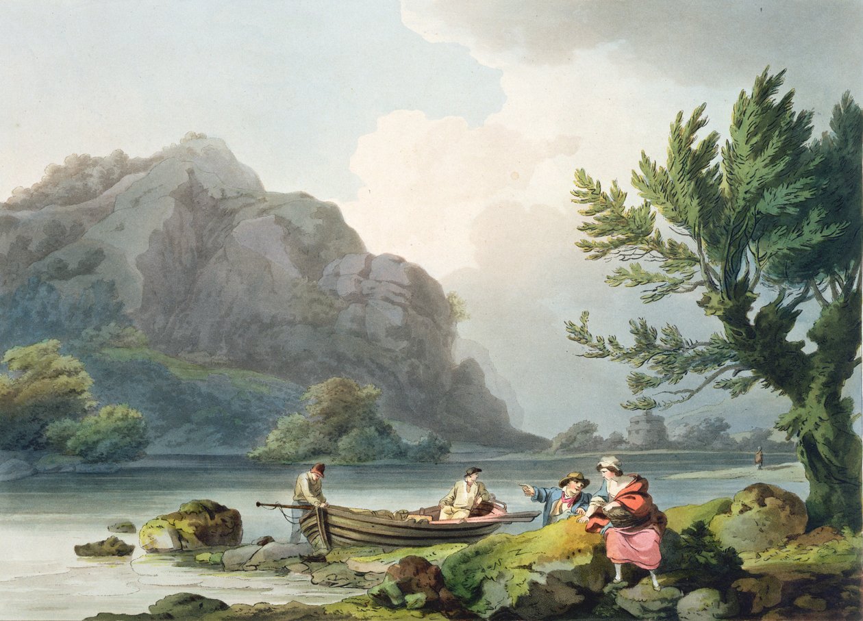 بحيرة وينديرمير ، من "المشهد الرومانسي والخلاب في إنجلترا وويلز" ، نشرت عام 1805 (نقش الألوان) بواسطة فيليب جاك دو لوبيرج