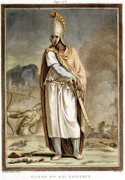 حارس للملك أحشويروش ، زي لـ "إستير" لجين راسين ، من المجلد الأول من "البحث في الأزياء والمسرح لكل الأمم" ، نقش بواسطة بيير ميشيل أليكس (1762-1817) 1802 (نقش ملون) بواسطة فيليب (بعد) شيري