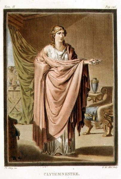 Clytemnestra ، زي لـ "Iphigenia in Aulis" لجين راسين ، من المجلد الثاني من "البحث عن الأزياء والمسرح لكل الأمم" ، نقش بواسطة بيير ميشيل أليكس (1762-1817) 1802 (نقش ملون) بواسطة فيليب (بعد) شيري
