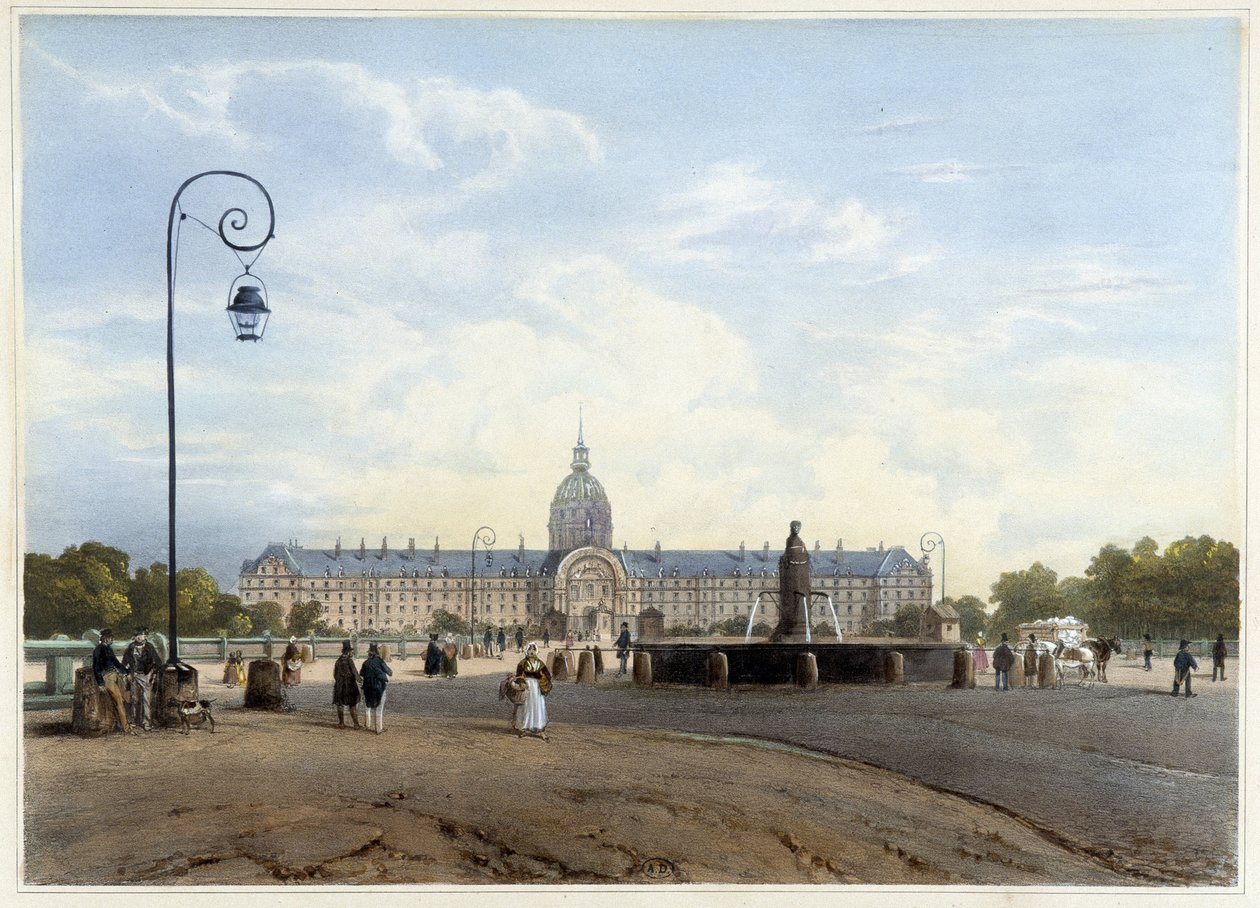 فندق Hôtel des Invalides يُرى من Champ de Mars - في "" المشي في باريس والمناطق المحيطة بها "، بقلم Jacottet and and Benoist ، محرر. جيهوت بواسطة فيليب بينويست